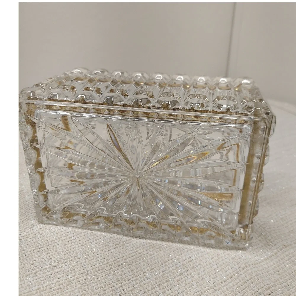 Vintage French Cut Lead Crystal Brass Vanity Jewelry Trinket Casket Box Hand Cut